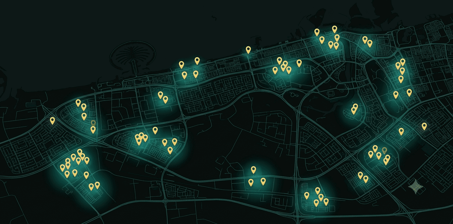 Yaloul service coverage map across Dubai showing 40+ locations