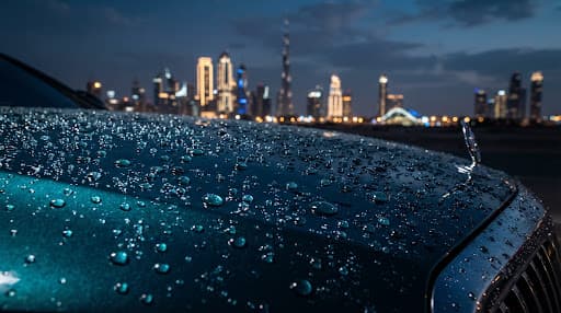 Water droplets on a polished luxury car hood reflecting Dubai skyline